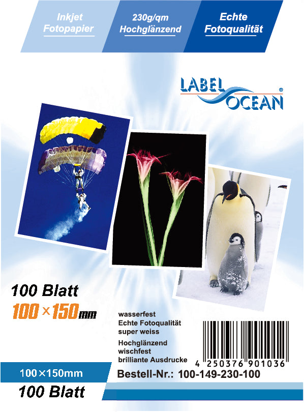 100 feuilles 10x15cm 230g/m² papier photo Brillant + résistant à l'eau de LabelOcean a-100-149-230
