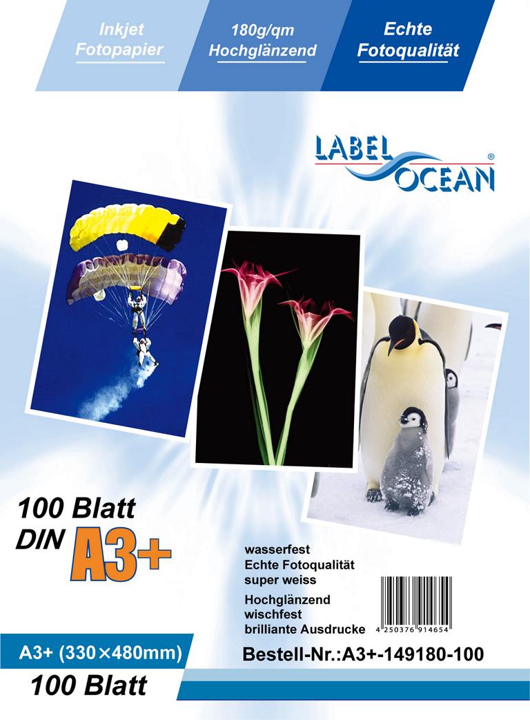 100 feuilles A3plus 330x480mm 180g/m² papier photo Brillant + résistant à l'eau de LabelOcean A3+-149180-100
