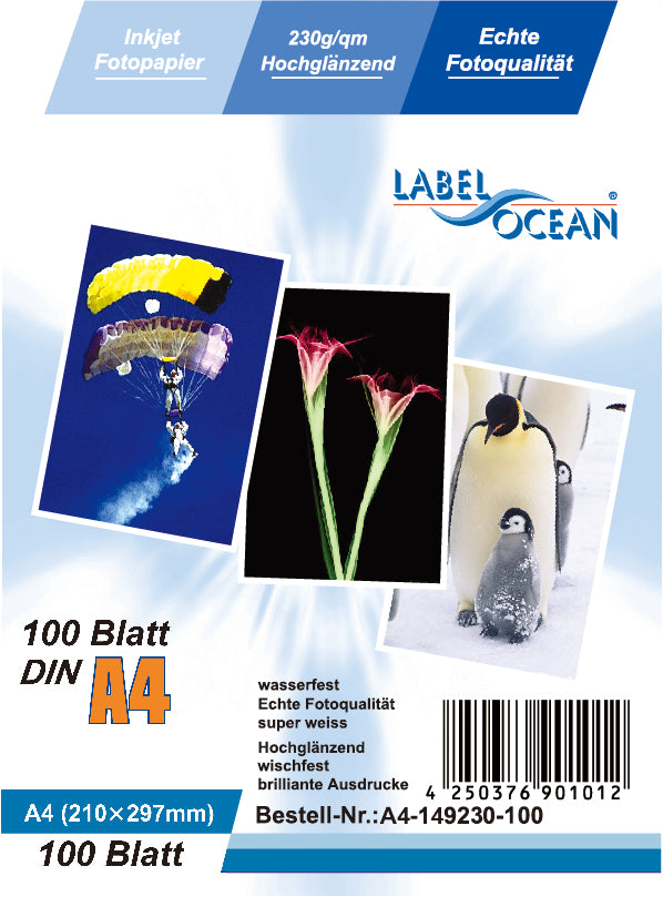 100 feuilles A4 210x297mm 230g/m² papier photo Brillant + résistant à l'eau de LabelOcean A4-149-230