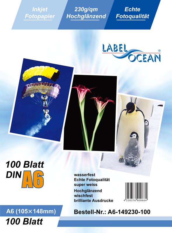 100 feuilles A6 105x148mm 230g/m² papier photo Brillant + résistant à l'eau de LabelOcean A6-149-230