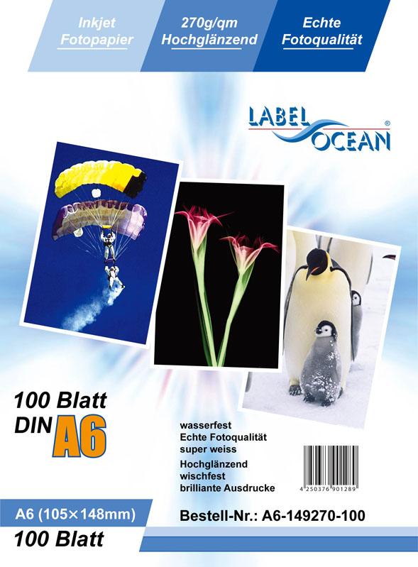 100 feuilles A6 105x148mm 270g/m² papier photo Brillant + résistant à l'eau de LabelOcean A6-149-270