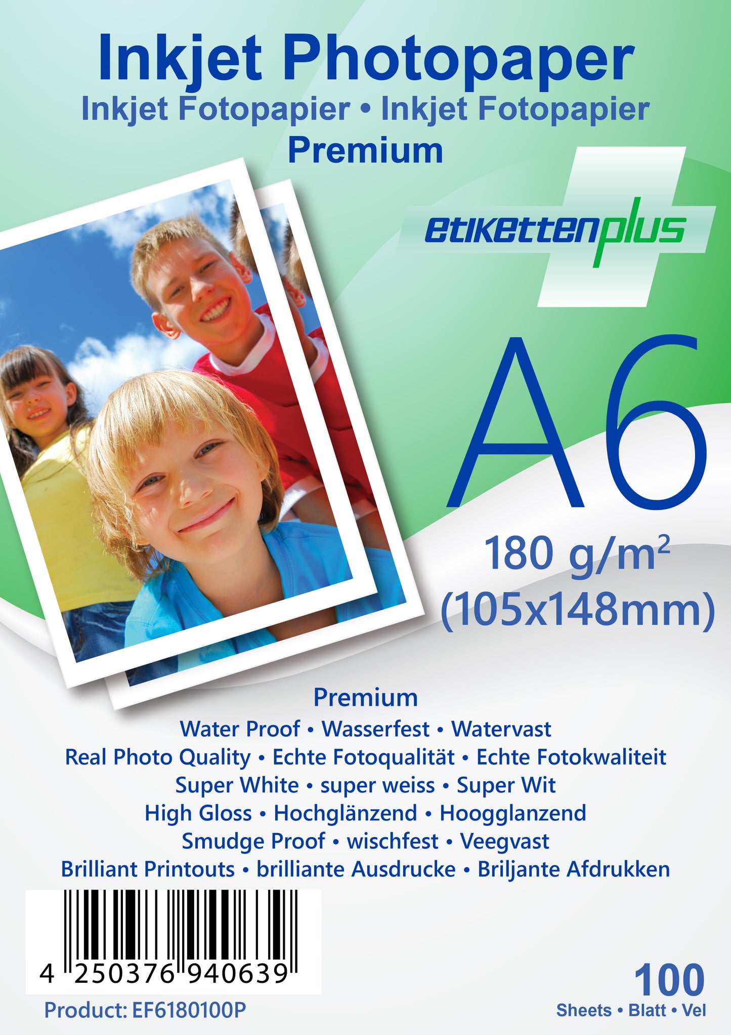 100 feuilles A6 180g/m² papier photo PREMIUM haute brillance + étanche de EtikettenPlus EF6180100P