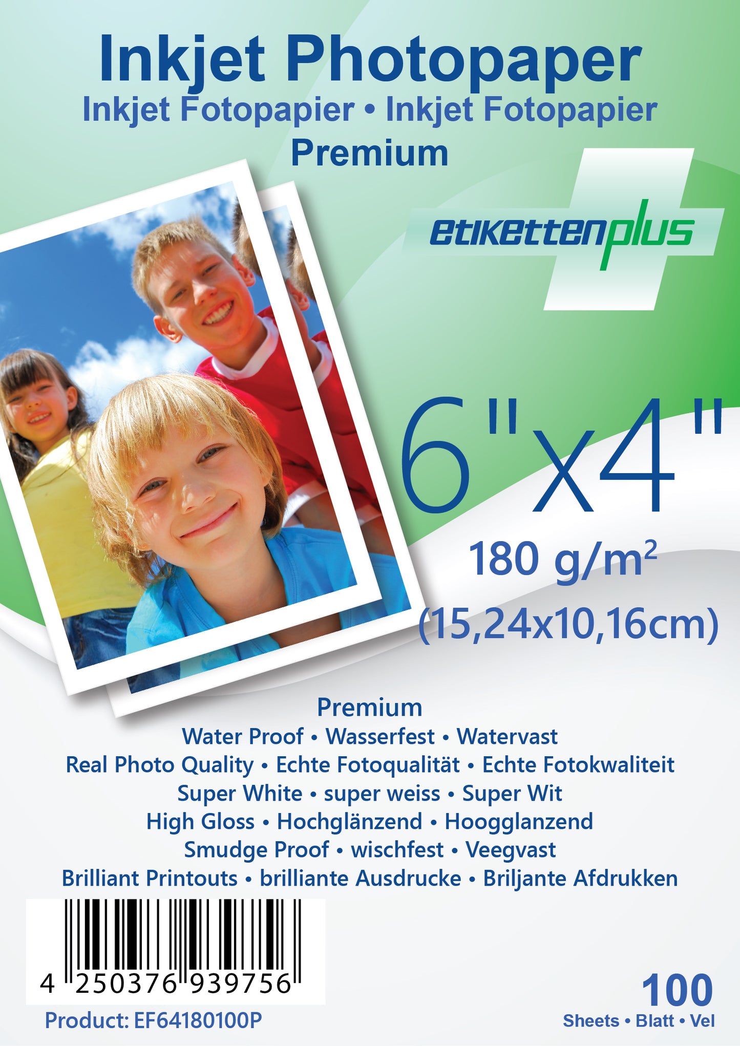 100 feuilles 6"x4" 180g/m² papier photo PREMIUM haute brillance + étanche de EtikettenPlus EF64180100P