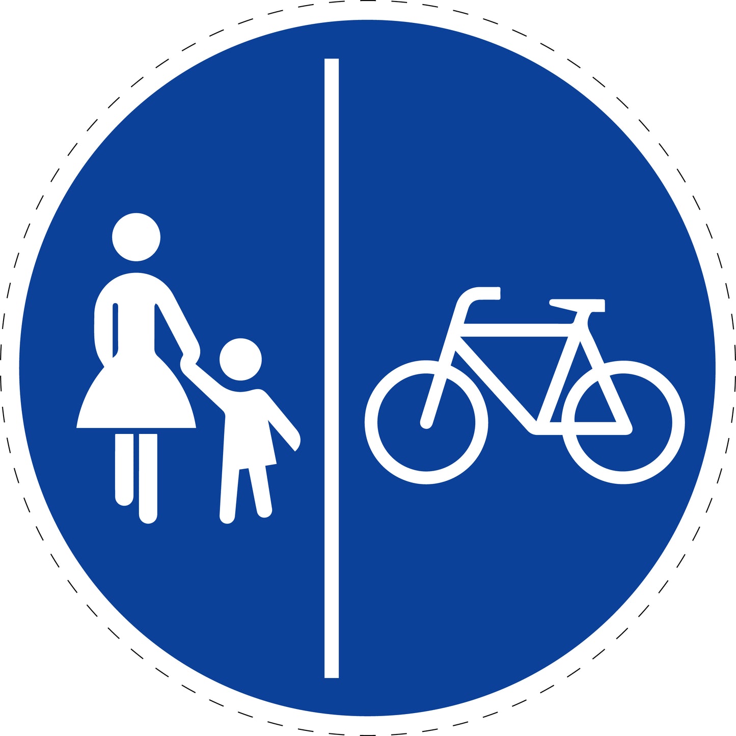 1 pièce panneau de signalisation "Piste séparée piétons à gauche, cyclistes à droite" 20-70 cm - F-Verk-241-31