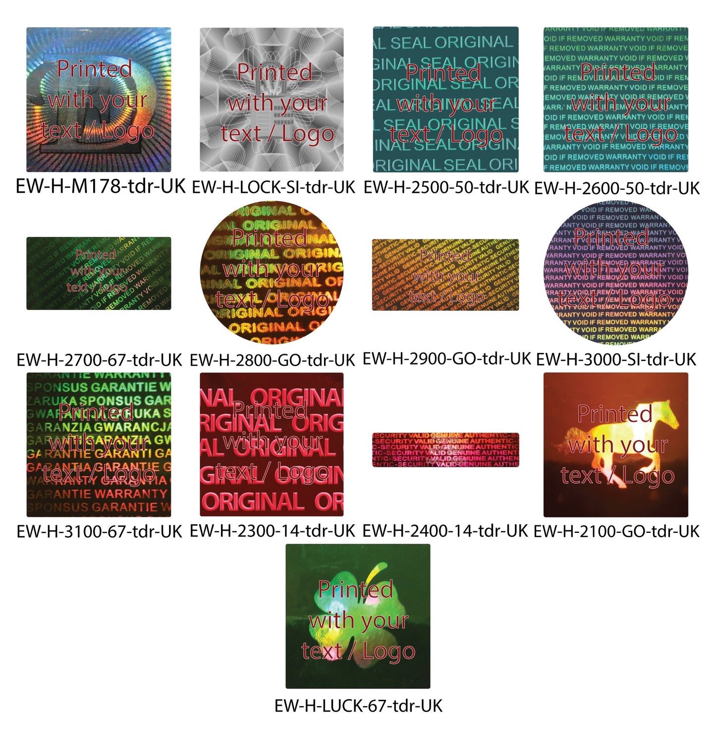 Autocollant hologramme, sceau de garantie, étiquette de sécurité imprimée en rouge foncé avec le texte de votre choix de LabelsWorld BV