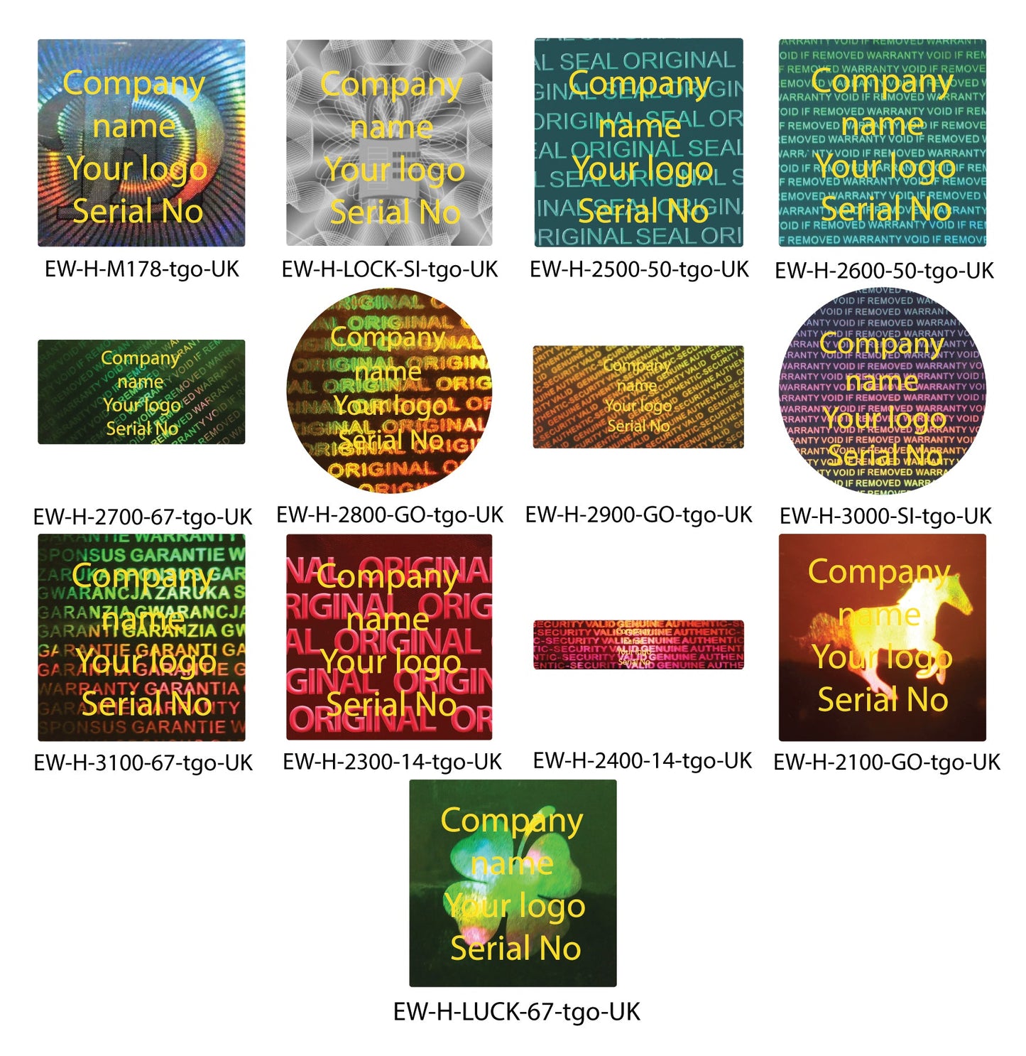 Autocollant hologramme, sceau de garantie, étiquette de sécurité imprimée en or brillant avec le texte de votre choix de LabelsWorld BV