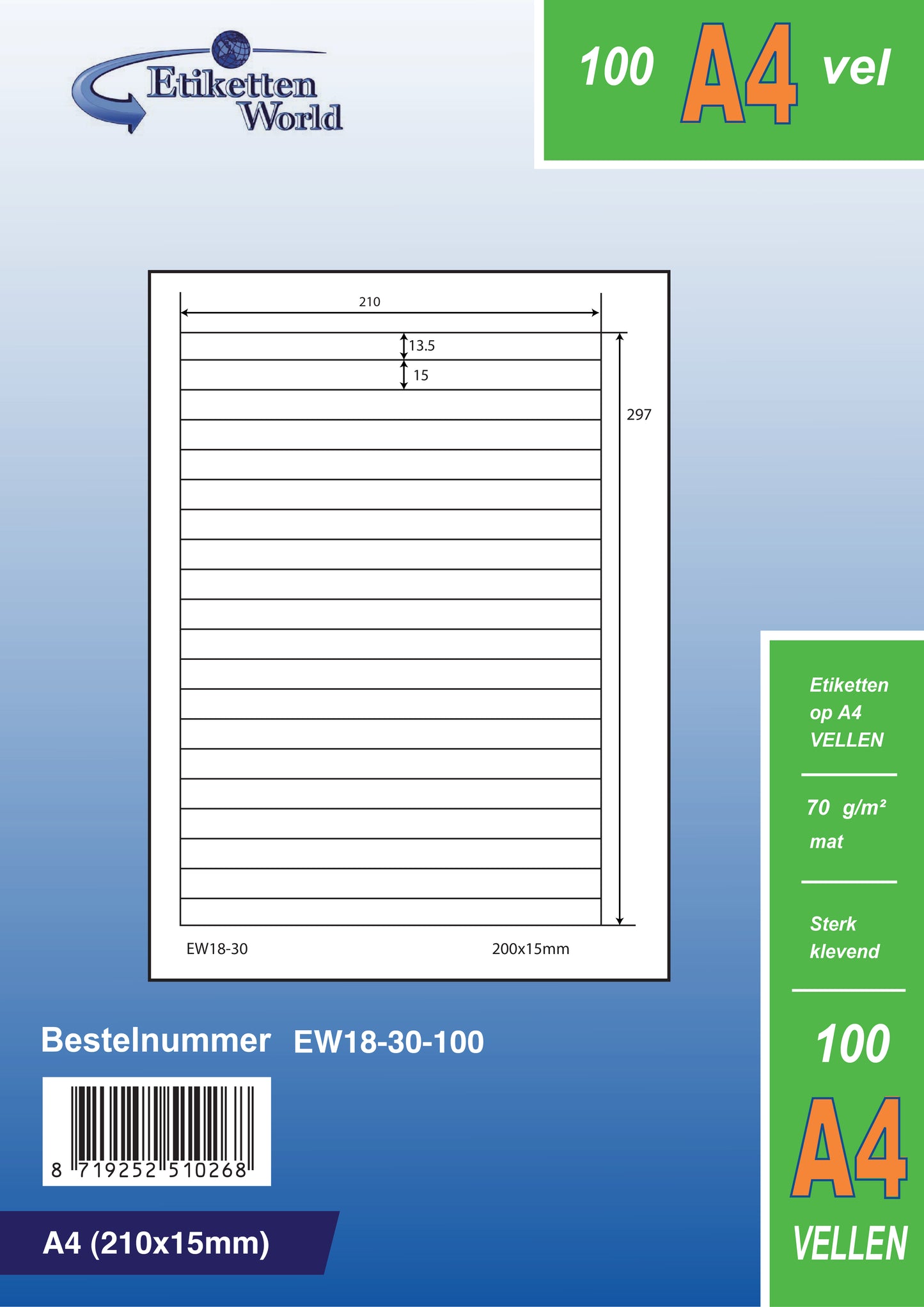 9000 étiquettes universelles 210x15mm, sur 500 feuilles Din A4, mat, autocollant, 70g EW18-30 d'Etikettenworld EW18-30