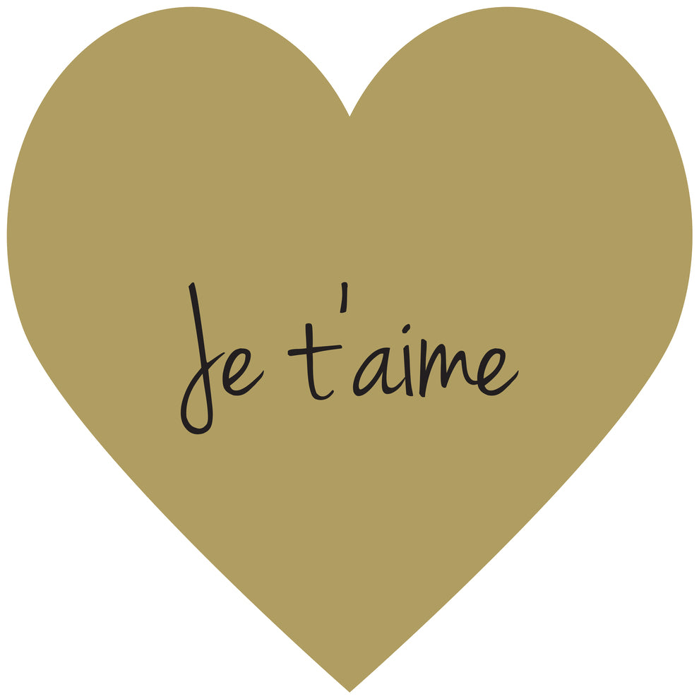 Autocollant en forme de cœur de 1 à 10 cm avec texte personnalisé imprimé en or, argent et rouge.