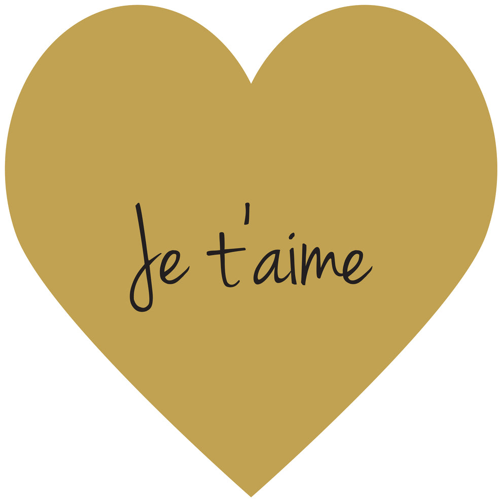 Autocollant en forme de cœur de 1 à 10 cm avec texte personnalisé imprimé en or, argent et rouge.