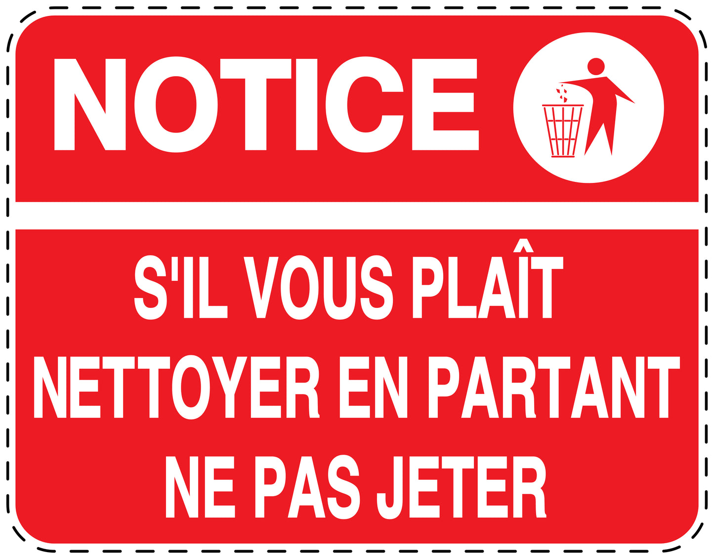 Autocollant de poubelle "NOTICE S'IL VOUS PLAÎT NETTOYER EN PARTANT NE PAS JETER" bleu horizontal F-LITTER-H-10200-14
