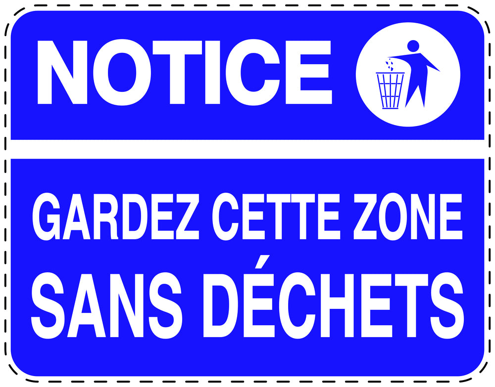 Autocollant de poubelle "NOTICE GARDEZ CETTE ZONE SANS DÉCHETS" bleu horizontal F-LITTER-H-10600-44