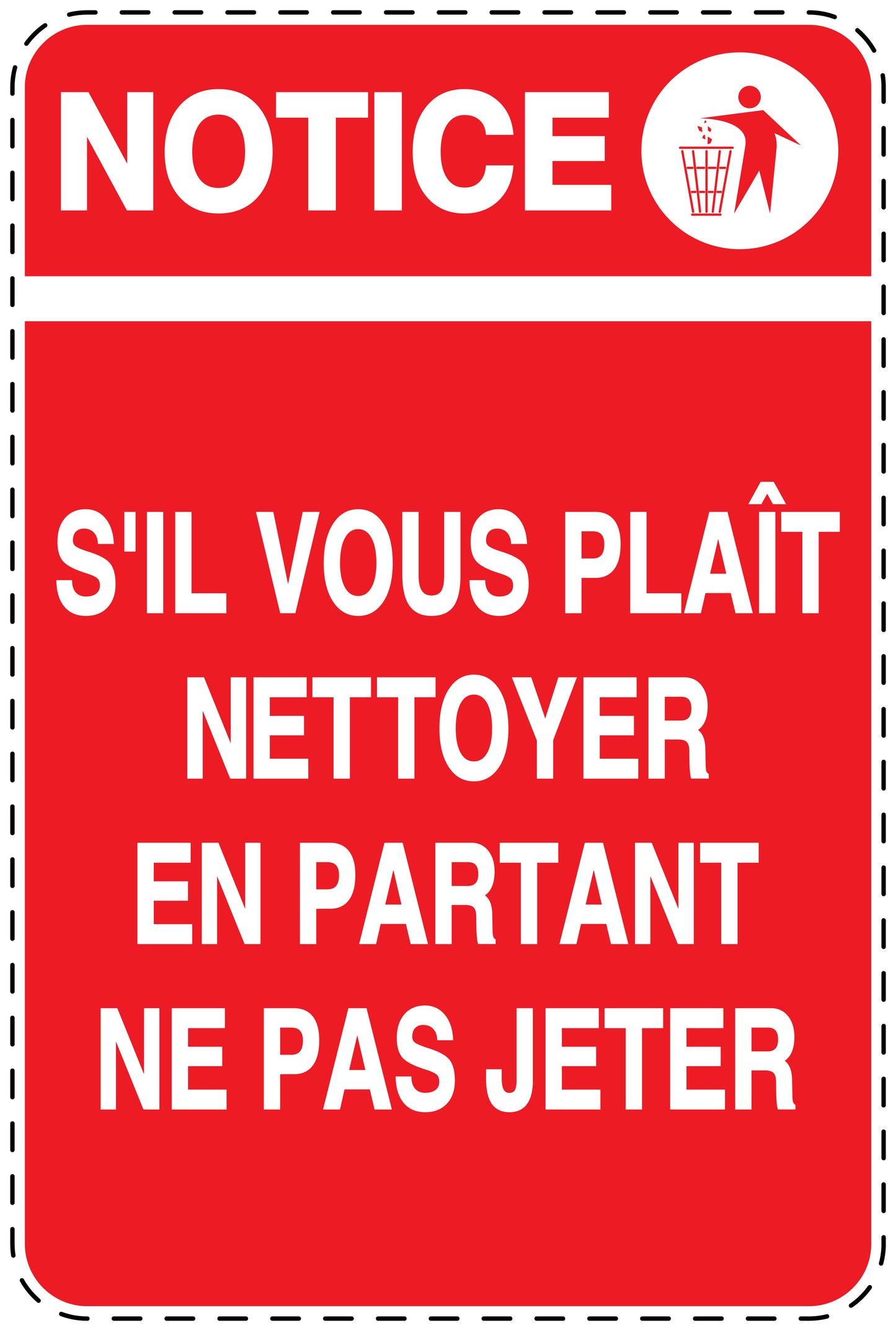 Autocollant de poubelle "NOTICE S'IL VOUS PLAÎT NETTOYER EN PARTANT NE PAS JETER" bleu Vertical F-LITTER-V-10200-14