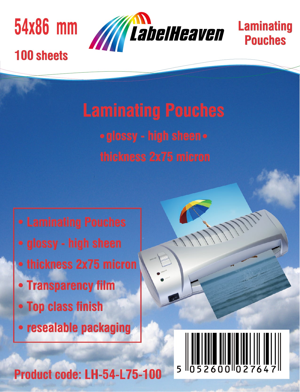 100 feuilles de pochettes de laminage brillantes 54x86mm de LabelHeaven Ltd LH-54-L75-100