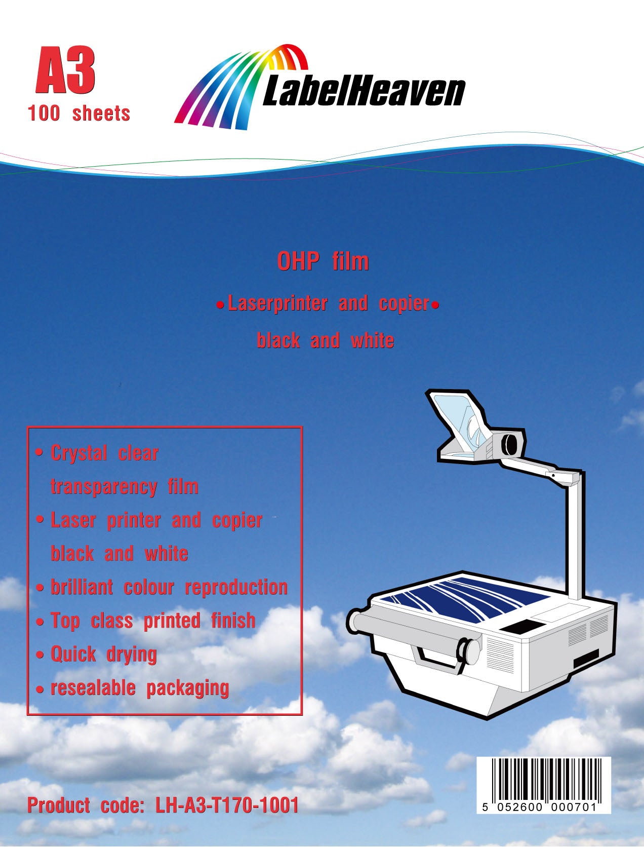 100 feuilles A3 film transparent-crystal clear LH-A3-T175-100 (OHP) pour imprimantes laser couleur et photocopieurs
