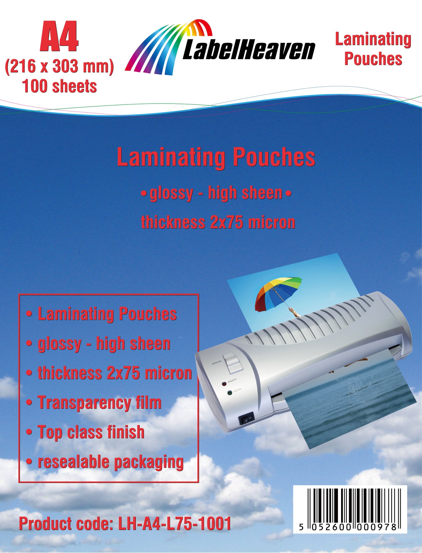 100 feuilles de pochettes de plastification A4 brillantes de LabelHeaven Ltd. LH-A4-L75-1001