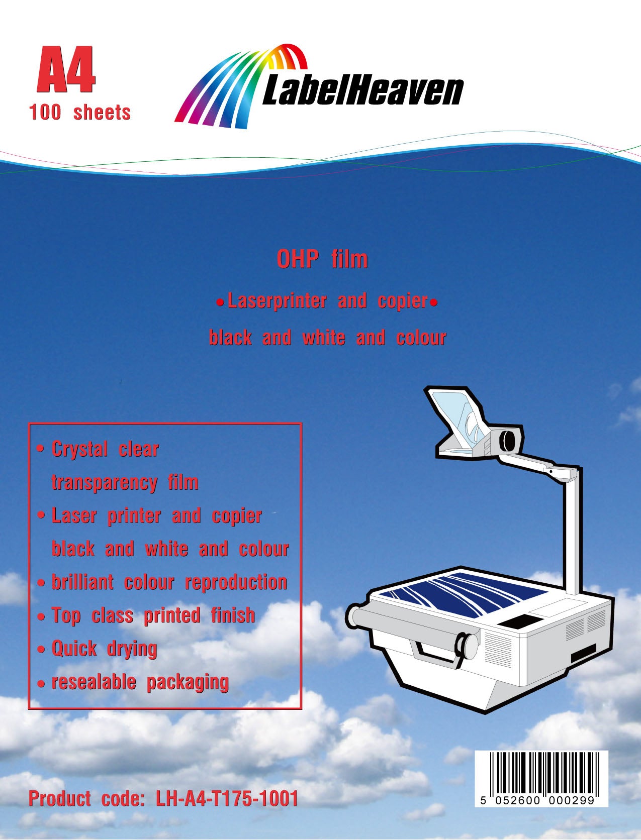 100 feuilles de film transparent clair A4, résistant à l'eau et au fini laiteux, LH-A4-T175-100 (OHP), film transparent pour imprimantes laser couleur et photocopieurs.