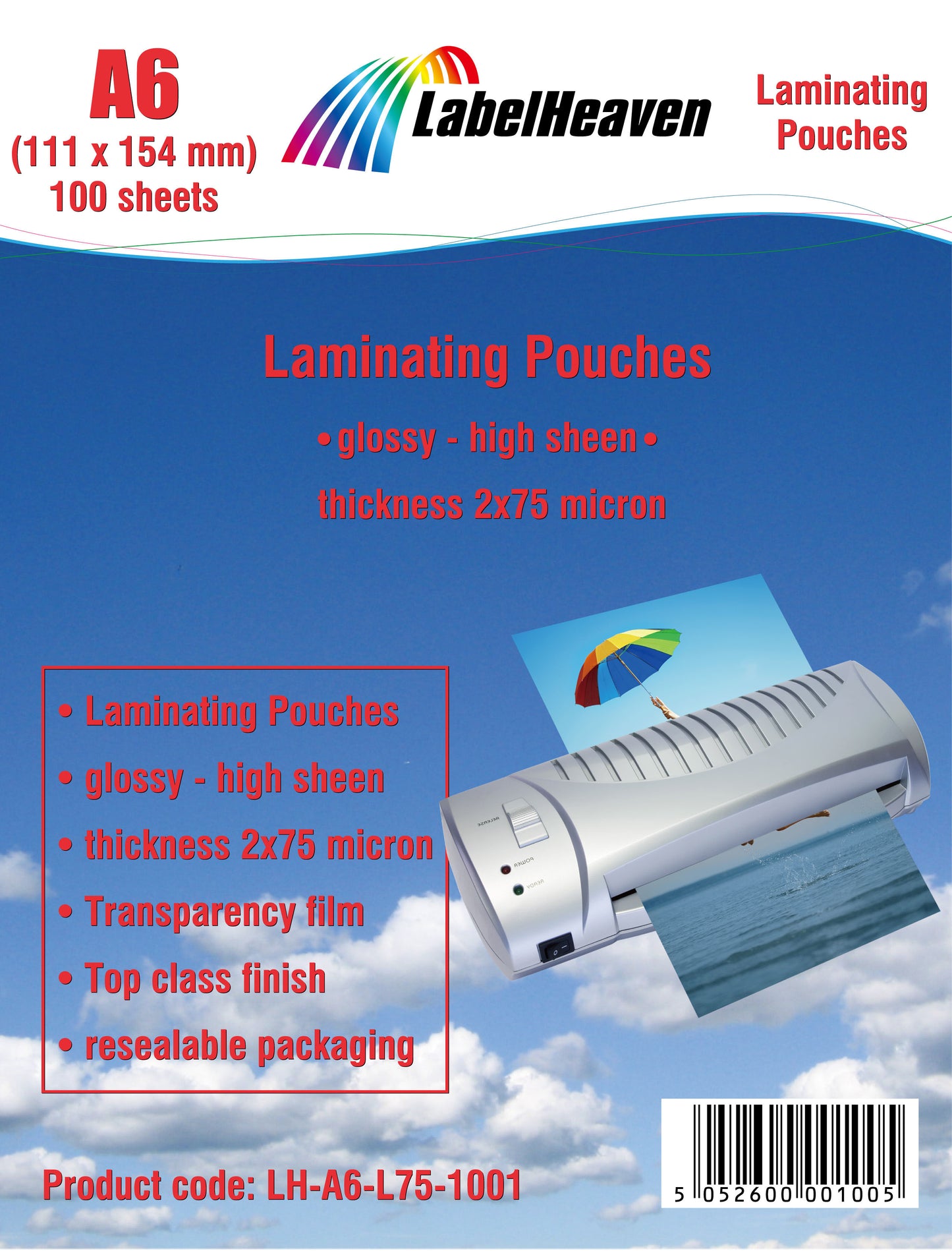 100 feuilles de pochettes de plastification A6 brillantes de LabelHeaven Ltd. LH-A6-L75-1001