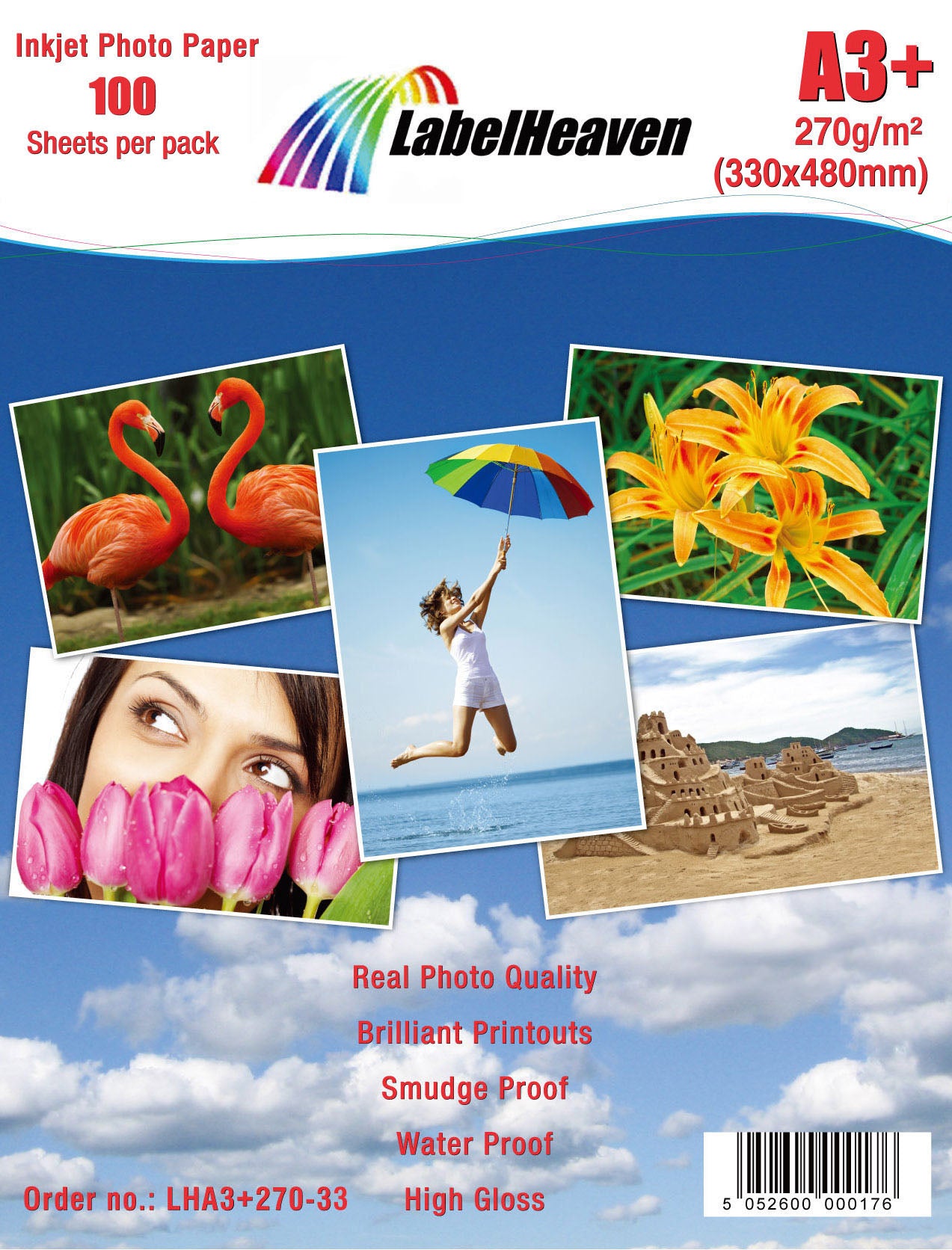 100 feuilles de papier photo A3+ 270g/m² HGlossy+étanche de Labelheaven LHA3+270-33