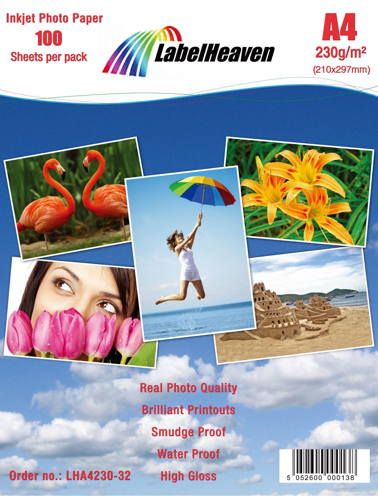 100 feuilles de papier photo A4 230g/m² HGlossy+étanche de Labelheaven LHA4230-32