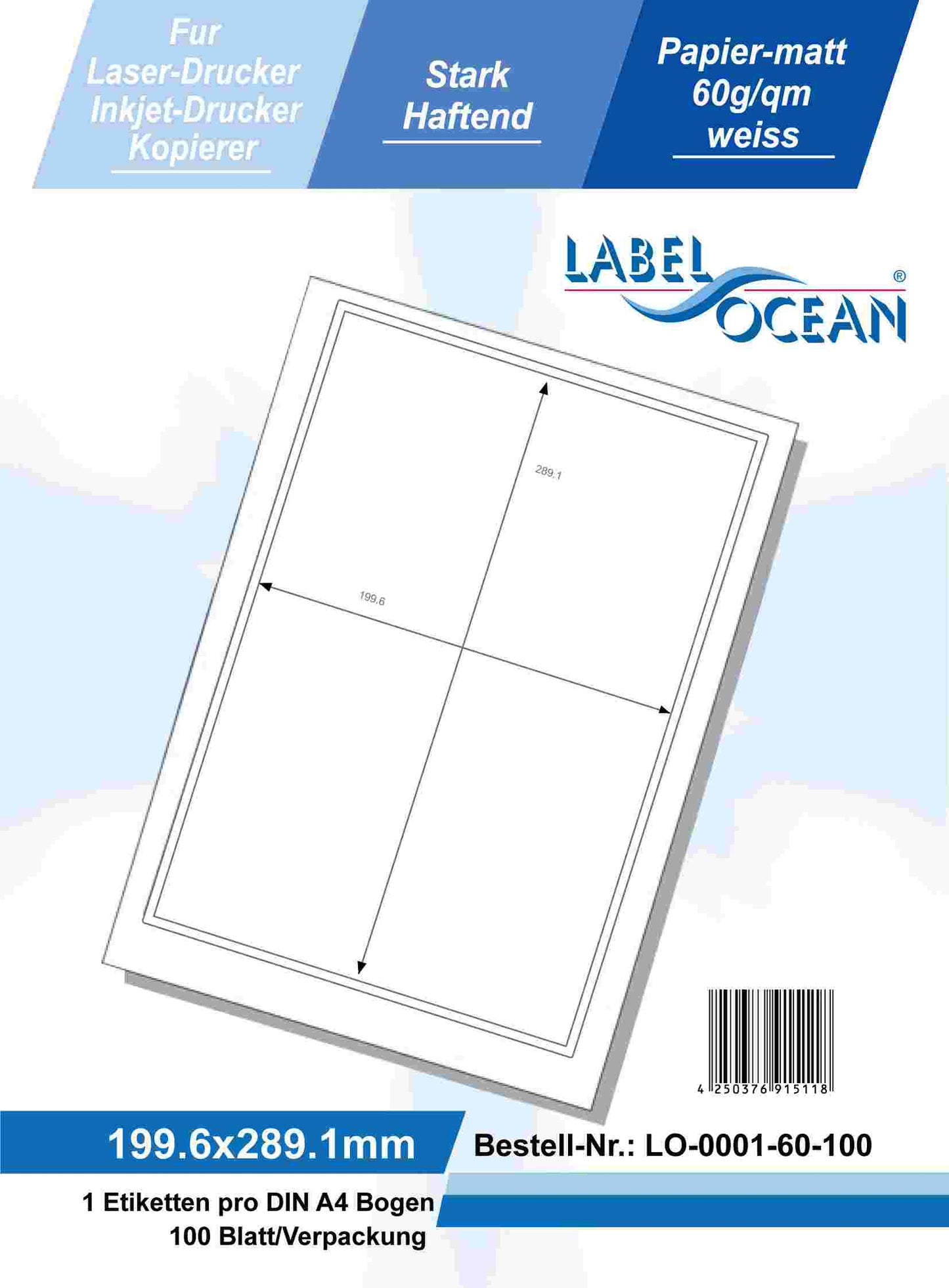 100 étiquettes universelles 199,6x289,1mm, sur 100 feuilles Din A4, mat, faiblement adhésive
