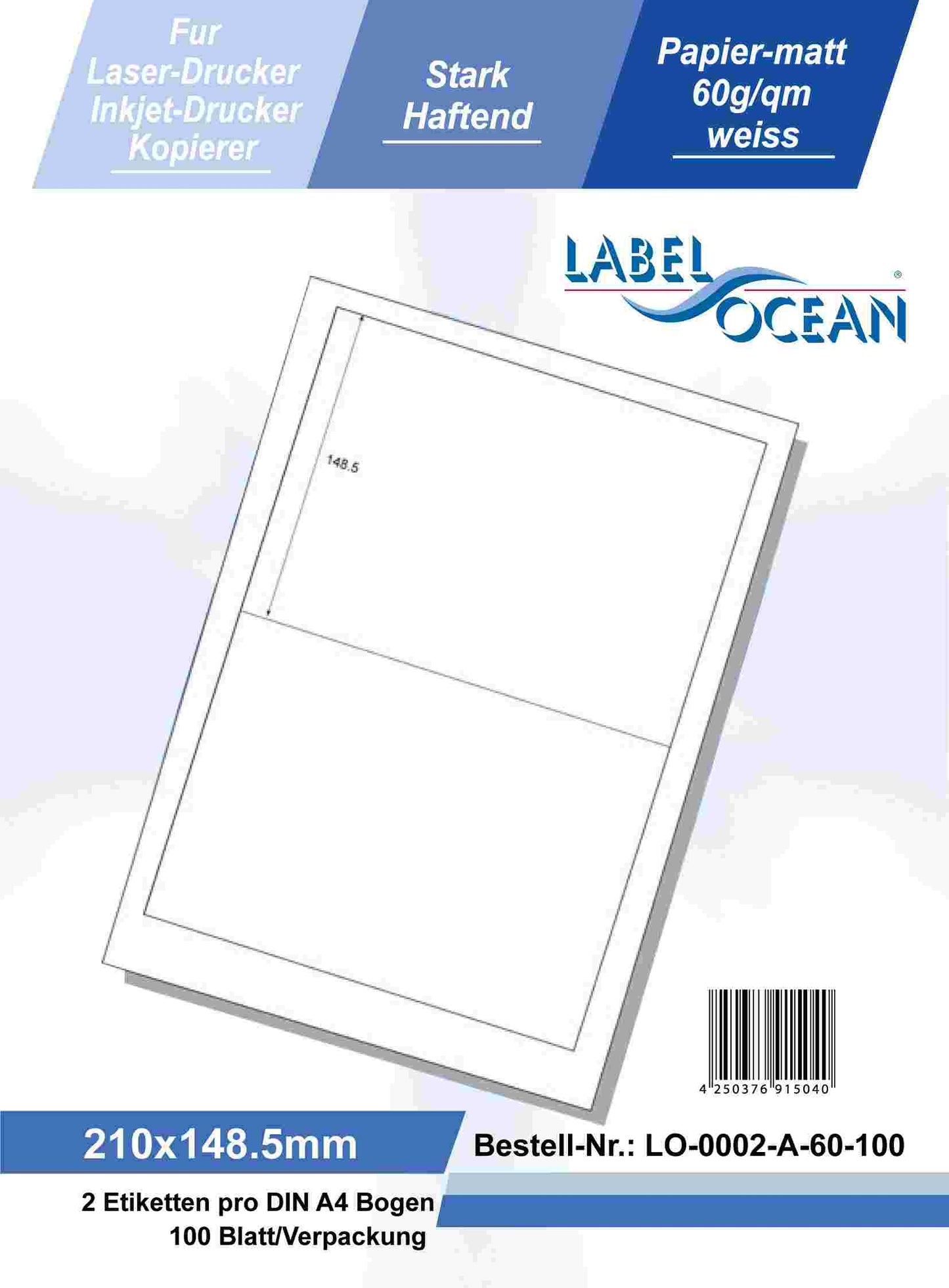 200 étiquettes universelles 210x148.5mm, sur 100 feuilles Din A4, mat, faiblement adhésive