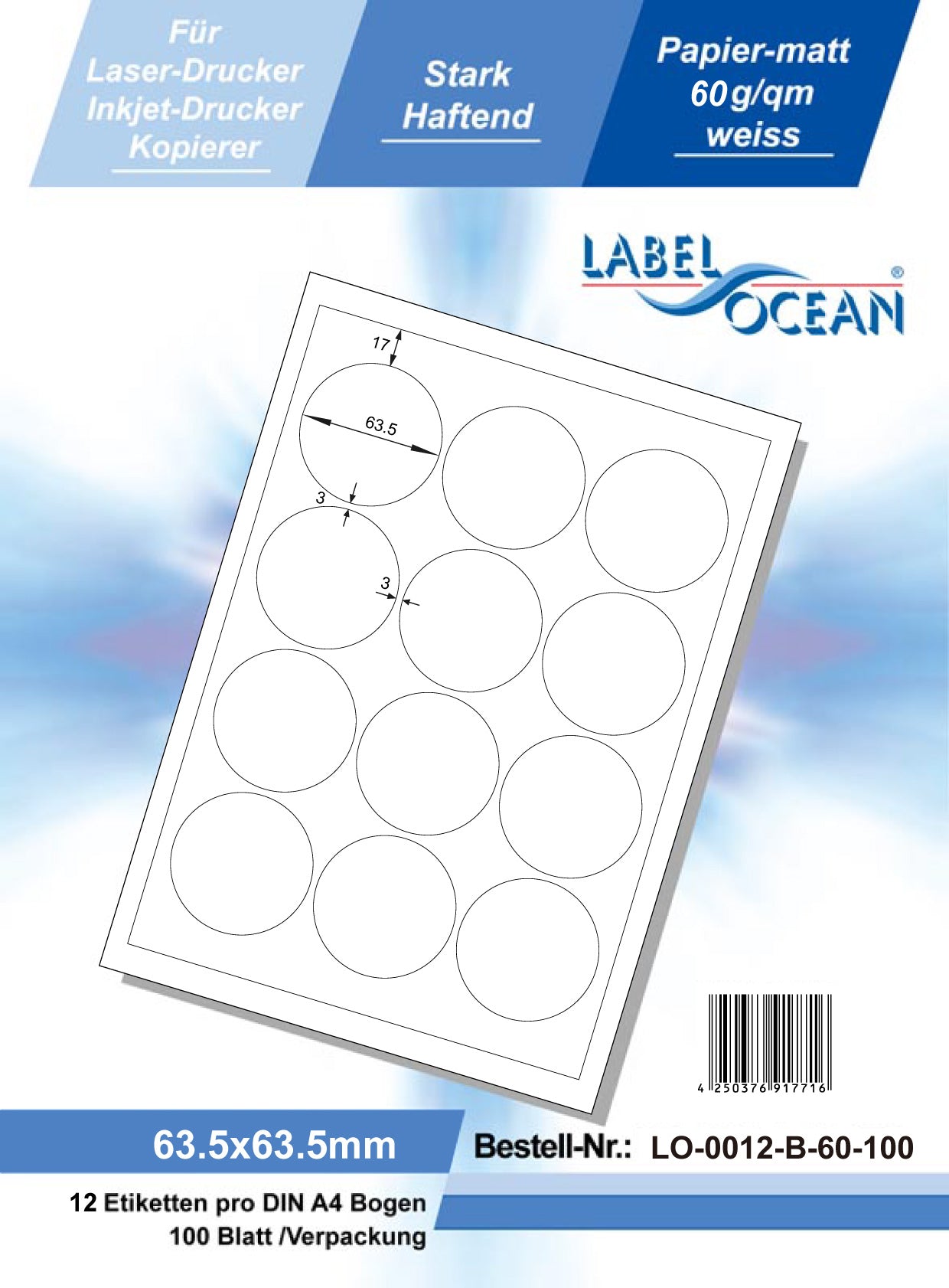 1200 étiquettes universelles 63.5 mm rond, sur 100 feuilles Din A4, mat, faiblement adhésive