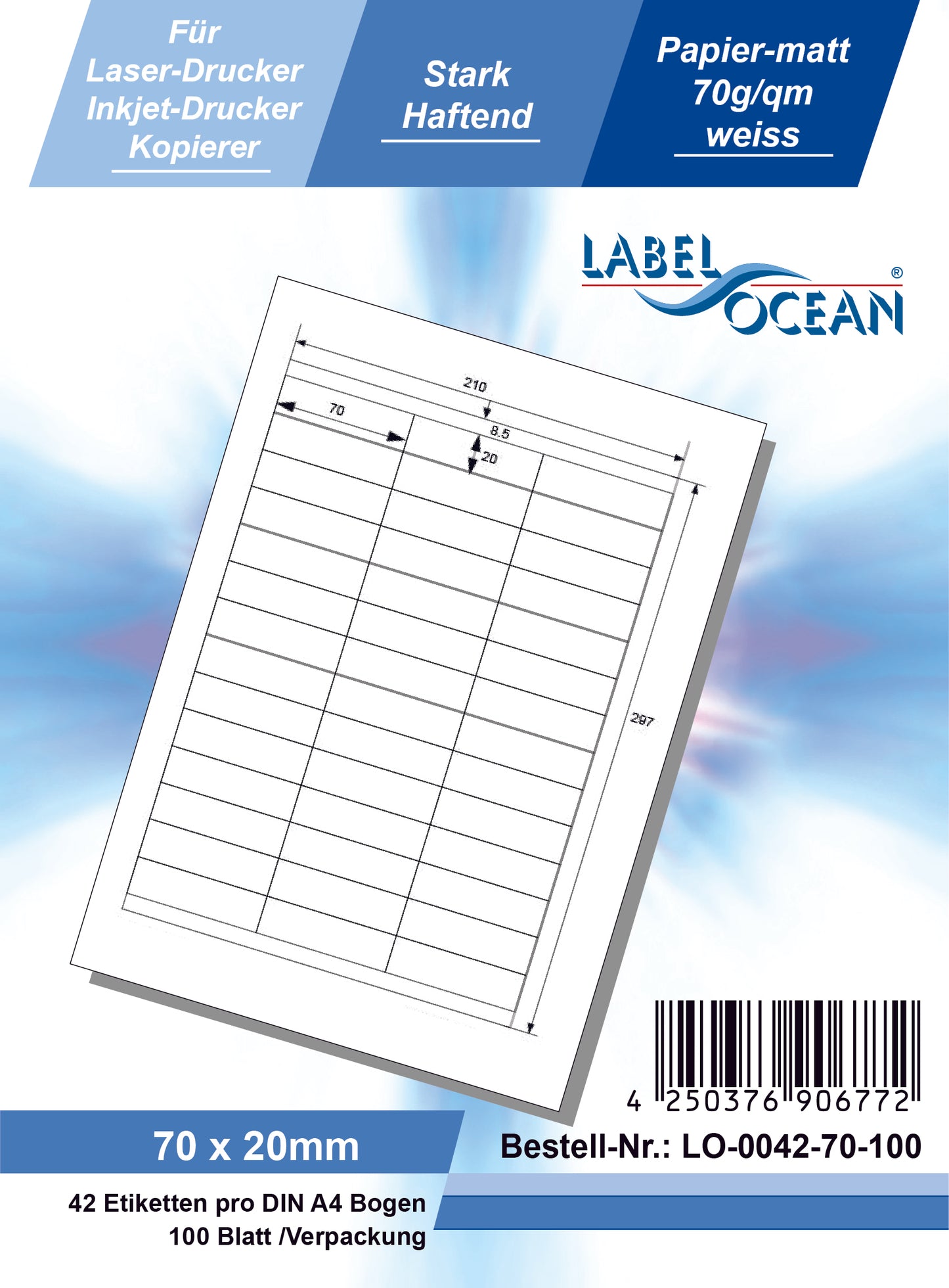 4200 étiquettes universelles 70x20mm, sur 100 feuilles Din A4, mat, autocollantes LO-0042-70