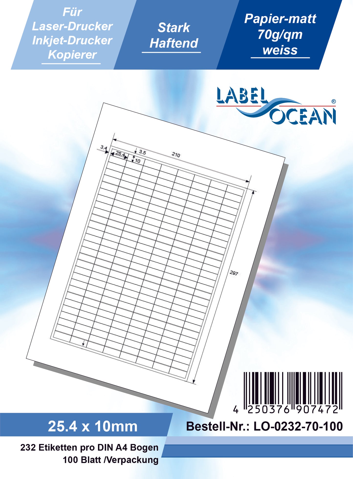 23200 étiquettes universelles 25,4x10mm, sur 100 feuilles Din A4, mat, autocollantes LO-0232-70