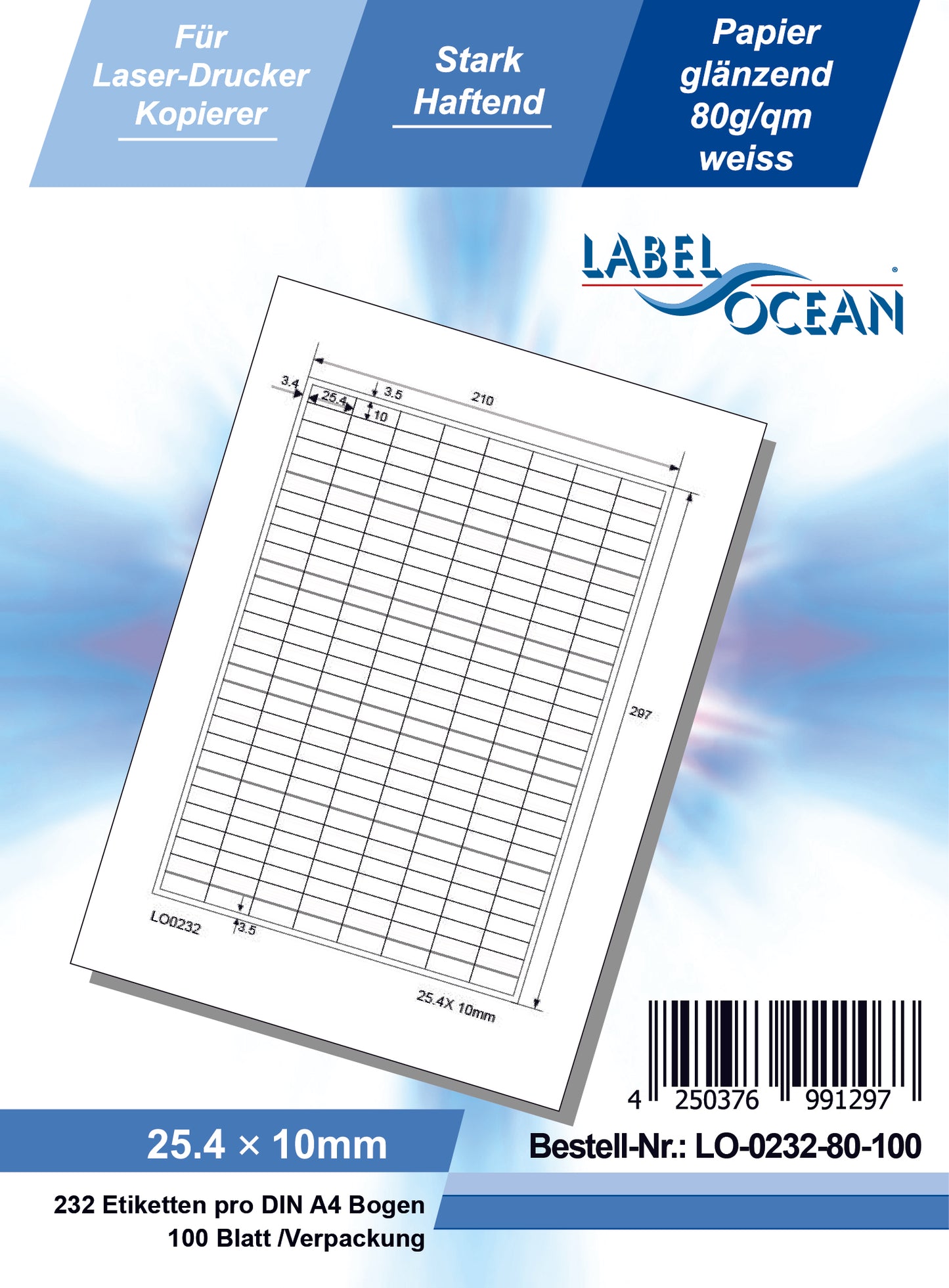 23200 étiquettes universelles 25,4x10mm, sur 100 feuilles Din A4, brillantes, autocollantes LO-0232-80