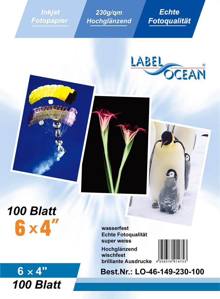 100 feuilles 6''x4'' Pouces 230g/m² papier photo Brillant + résistant à l'eau de LabelOcean 6''x4''-149230-100