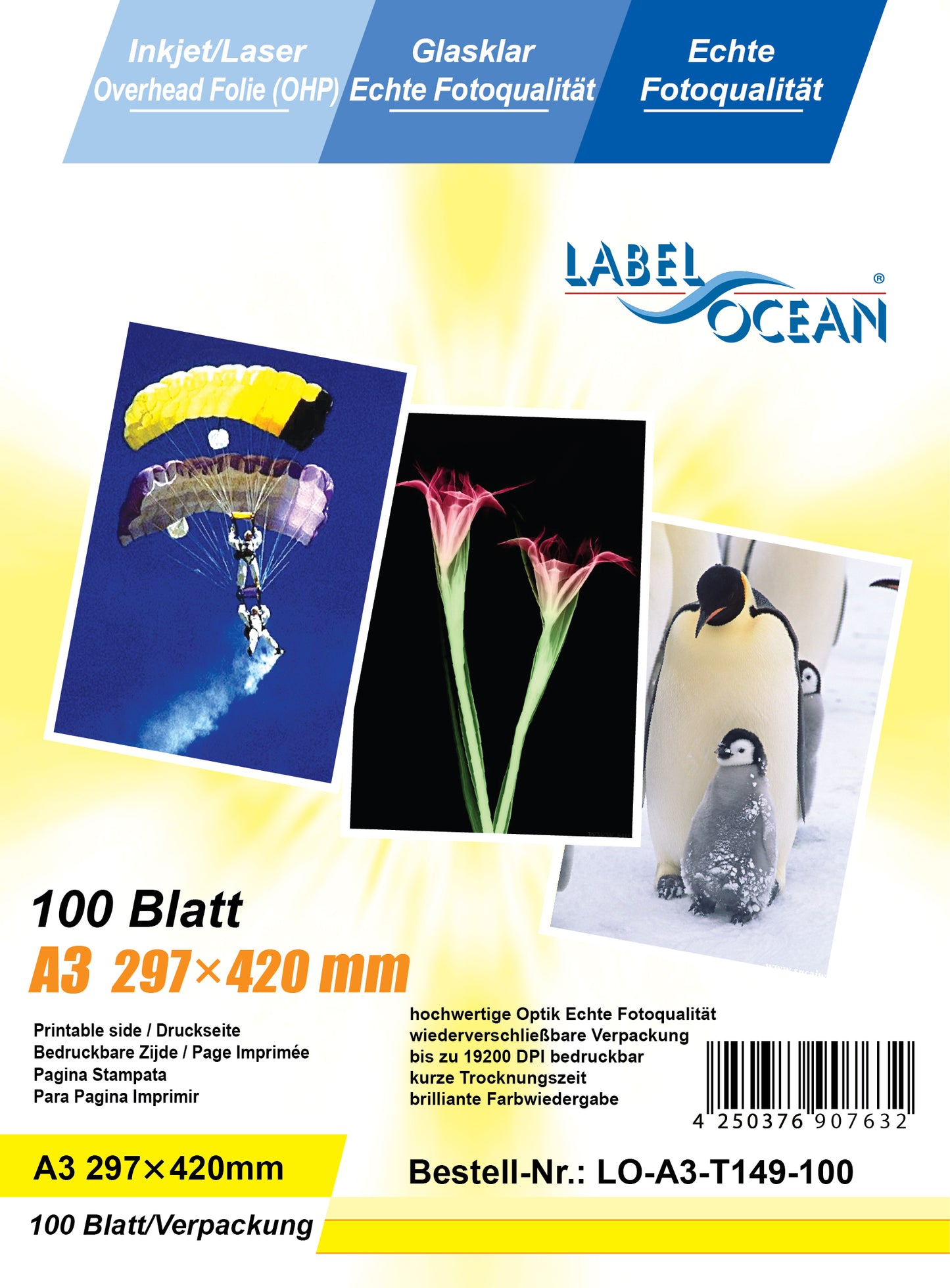 100 feuilles de film transparent clair A3, résistant à l'eau et au fini laiteux, LO-A3-T1149-100 (OHP), film transparent pour imprimantes jet d'encre.