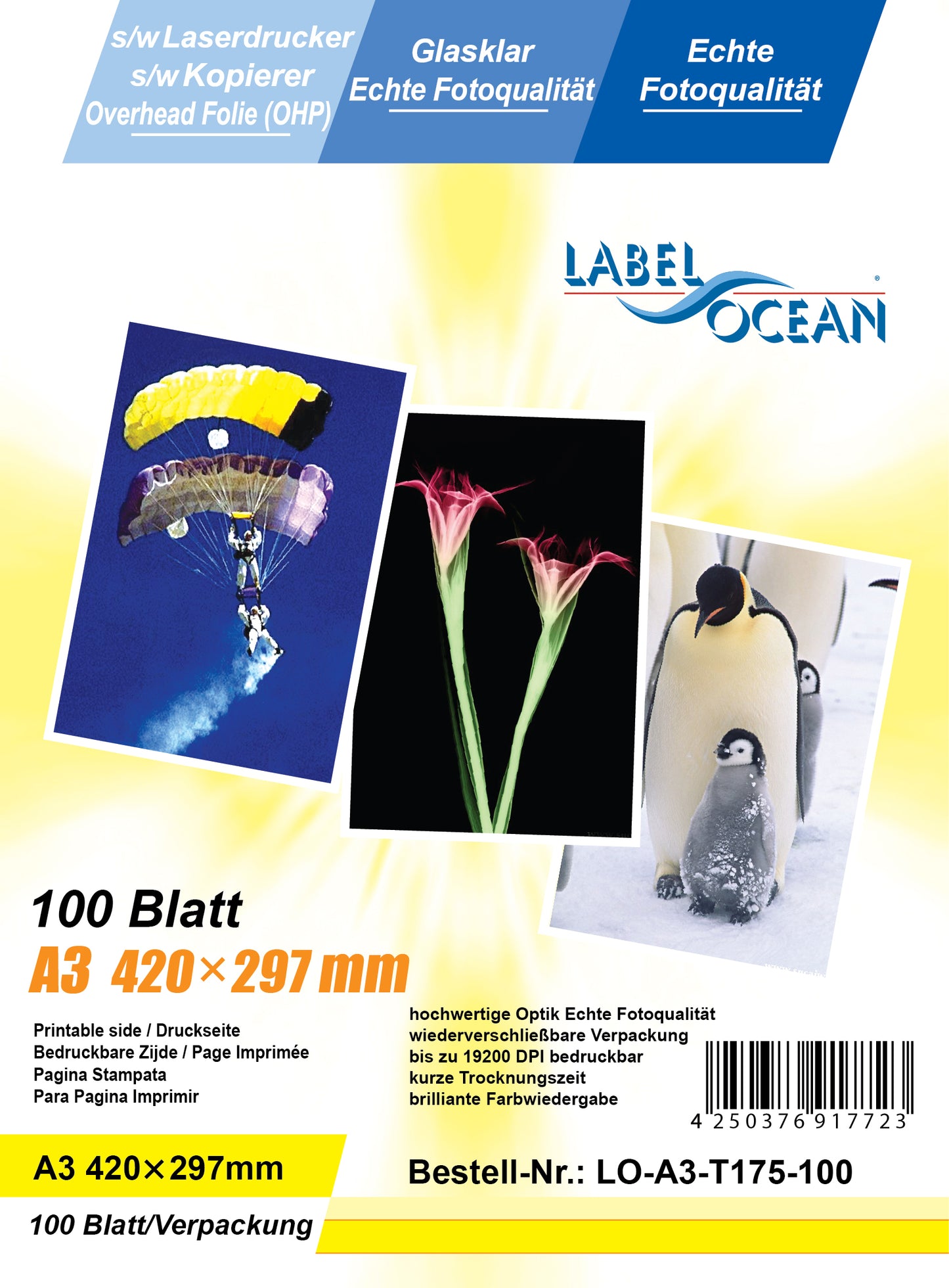 100 feuilles A3 film transparent LO-A3-T175-100 (OHP) film transparent-cristallin pour imprimantes laser noir et blanc et copieurs noir et blanc