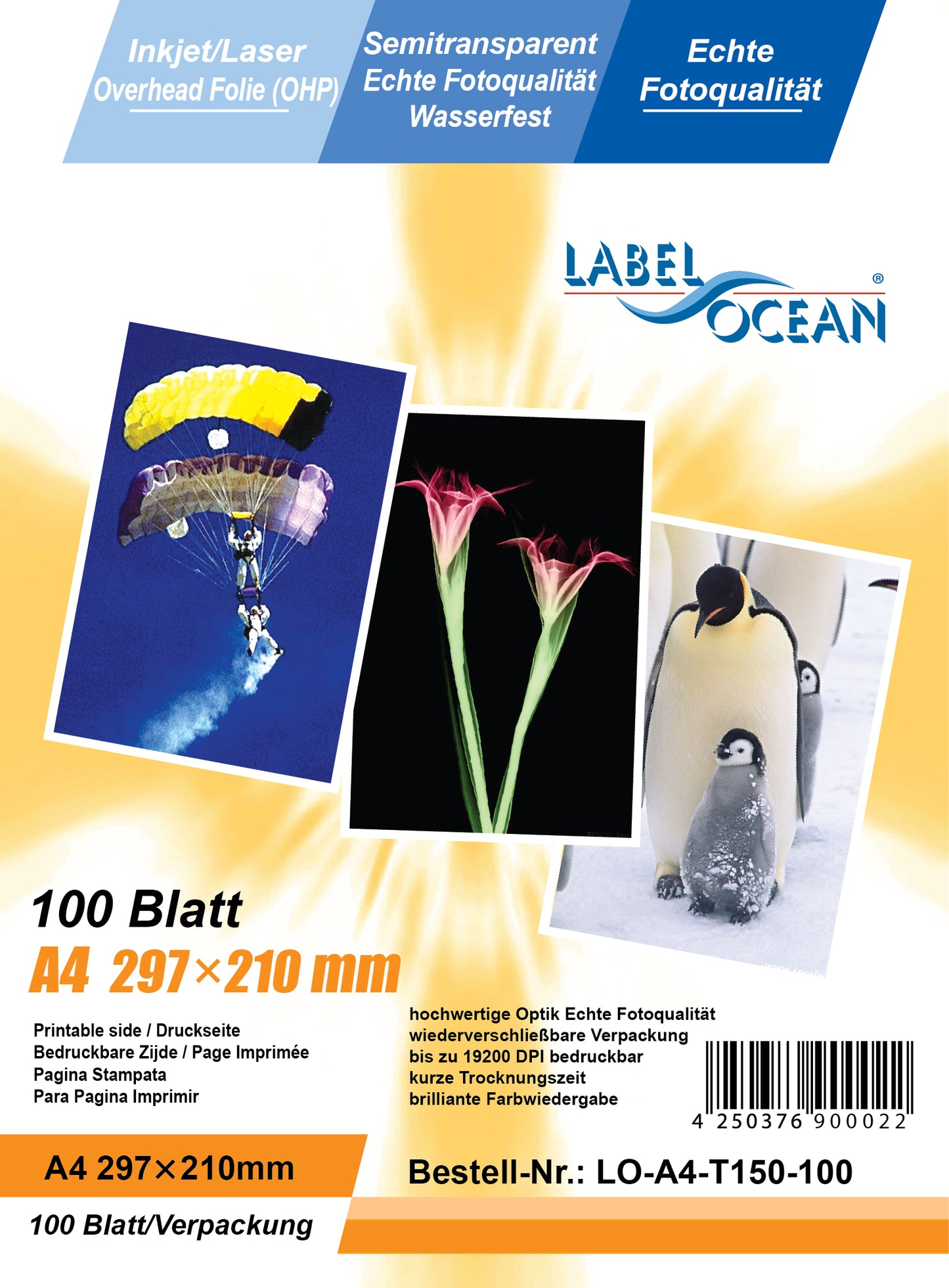 100 feuilles de film A4 pour rétroprojecteur LO-A4-T150-100 (OHP) film imperméable transparent-cristal clair pour imprimantes jet d'encre