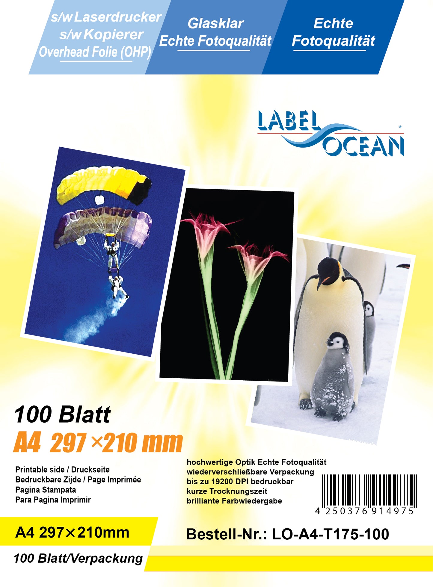 100 Feuilles de Film A4 pour Rétroprojecteur LO-A4-T175-100 (OHP) Film Transparent Ultra-Clair pour Imprimantes Laser Noir et Blanc et Photocopieurs Noir et Blanc