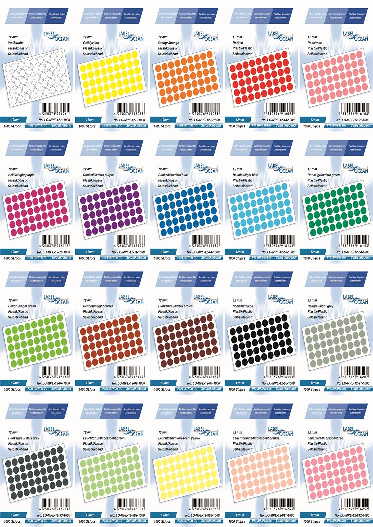 Points de marquage de 12 mm en plastique PE, auto-adhésifs sur feuille MPE-12