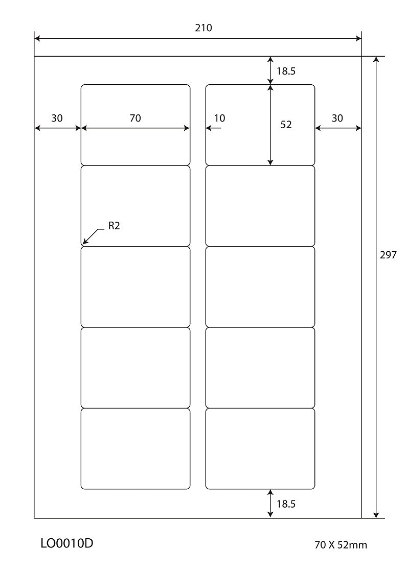1000 étiquettes universelles 70x52mm, sur 100 feuilles Din A4, mat, autocollantes LO-0010-D-70