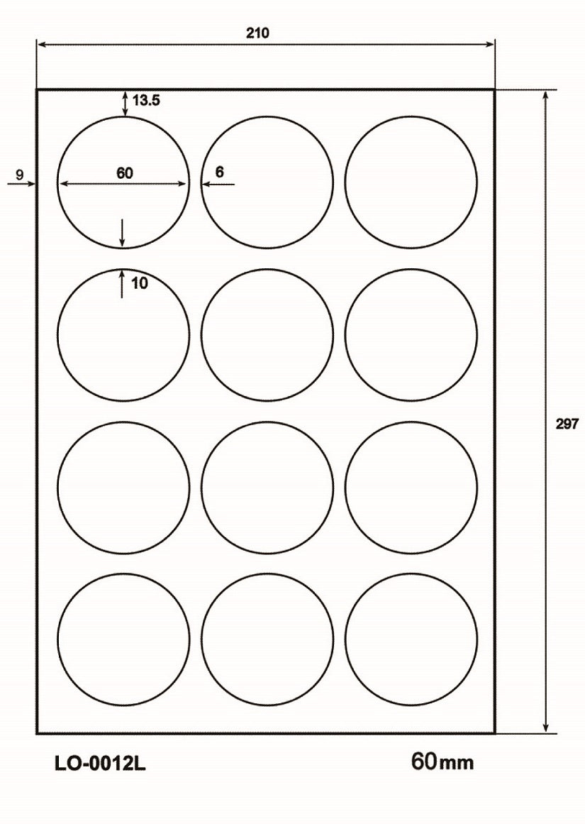 1200 étiquettes universelles colorées rondes de 60 mm, sur 100 feuilles Din A4, mates, autocollantes LO-0012-L-70