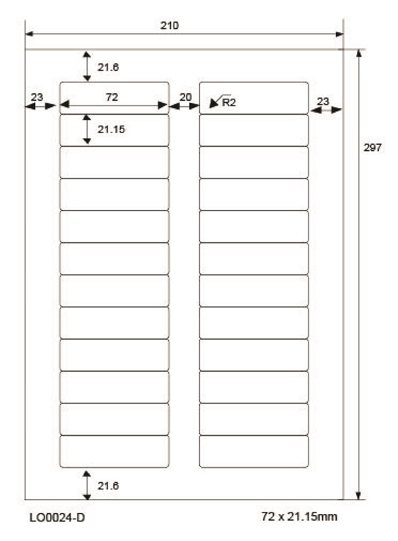 2400 étiquettes universelles 72x21,15mm, sur 100 feuilles Din A4, mat, autocollantes LO-0024-D-70