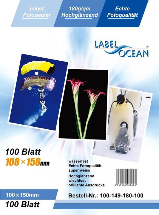 100 feuilles 10x15cm 180g/m² papier photo Brillant + résistant à l'eau de LabelOcean a-100-149-180