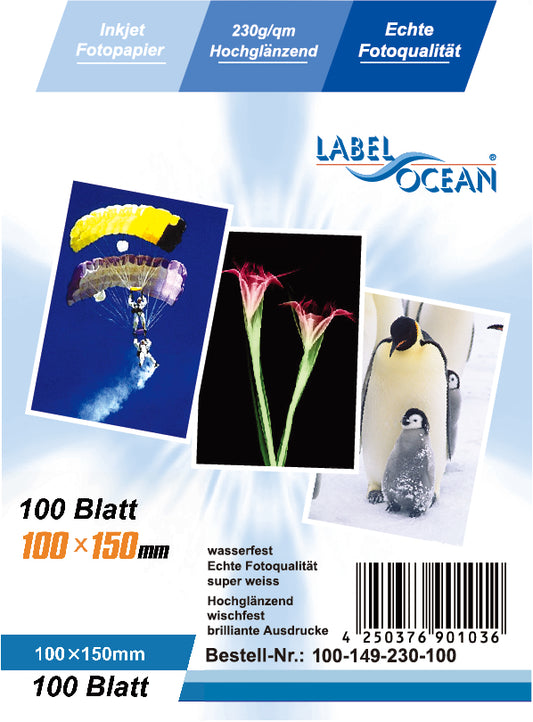 100 feuilles 10x15cm 230g/m² papier photo Brillant + résistant à l'eau de LabelOcean a-100-149-230