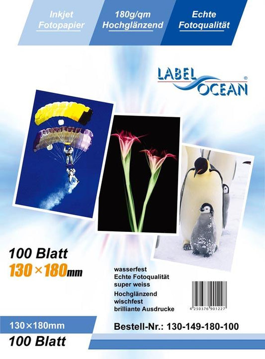 100 feuilles 13x18cm 180g/m² papier photo Brillant + résistant à l'eau de LabelOcean a-130-149-180