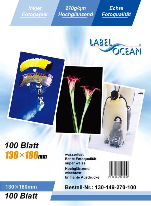 100 feuilles 13x18cm 270g/m² papier photo Brillant + résistant à l'eau de LabelOcean a-130-149-270