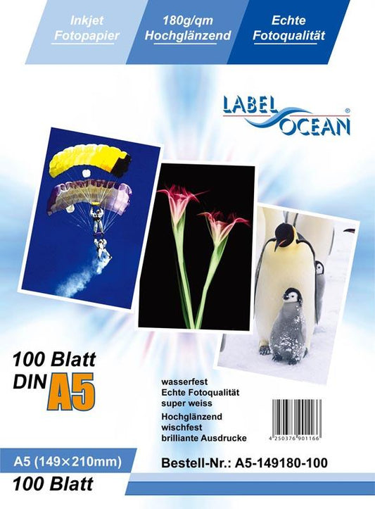 100 feuilles A5 148x210mm 180g/m² papier photo Brillant + résistant à l'eau de LabelOcean A5-149-180