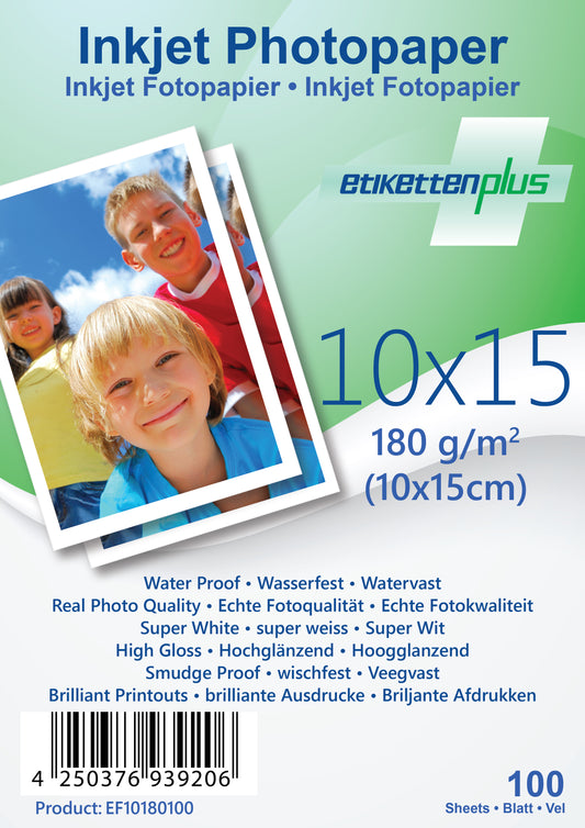 100 feuilles de papier photo brillant 10x15 cm 180 g/m² + étanche d'EtikettenPlus EF10180100