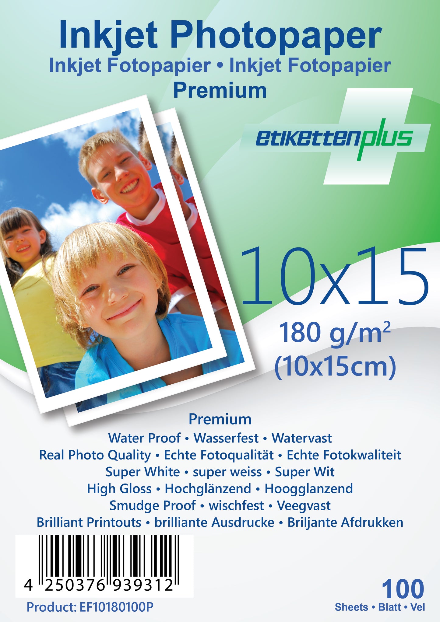 100 feuilles 10x15 cm 180 g/m² Papier photo PREMIUM brillant + étanche d'EtikettenPlus EF10180100P