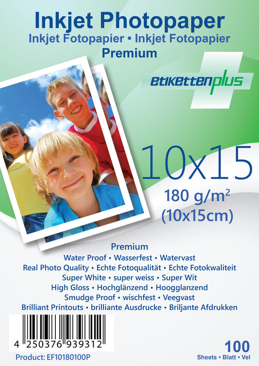 100 feuilles 10x15 cm 180 g/m² Papier photo PREMIUM brillant + étanche d'EtikettenPlus EF10180100P