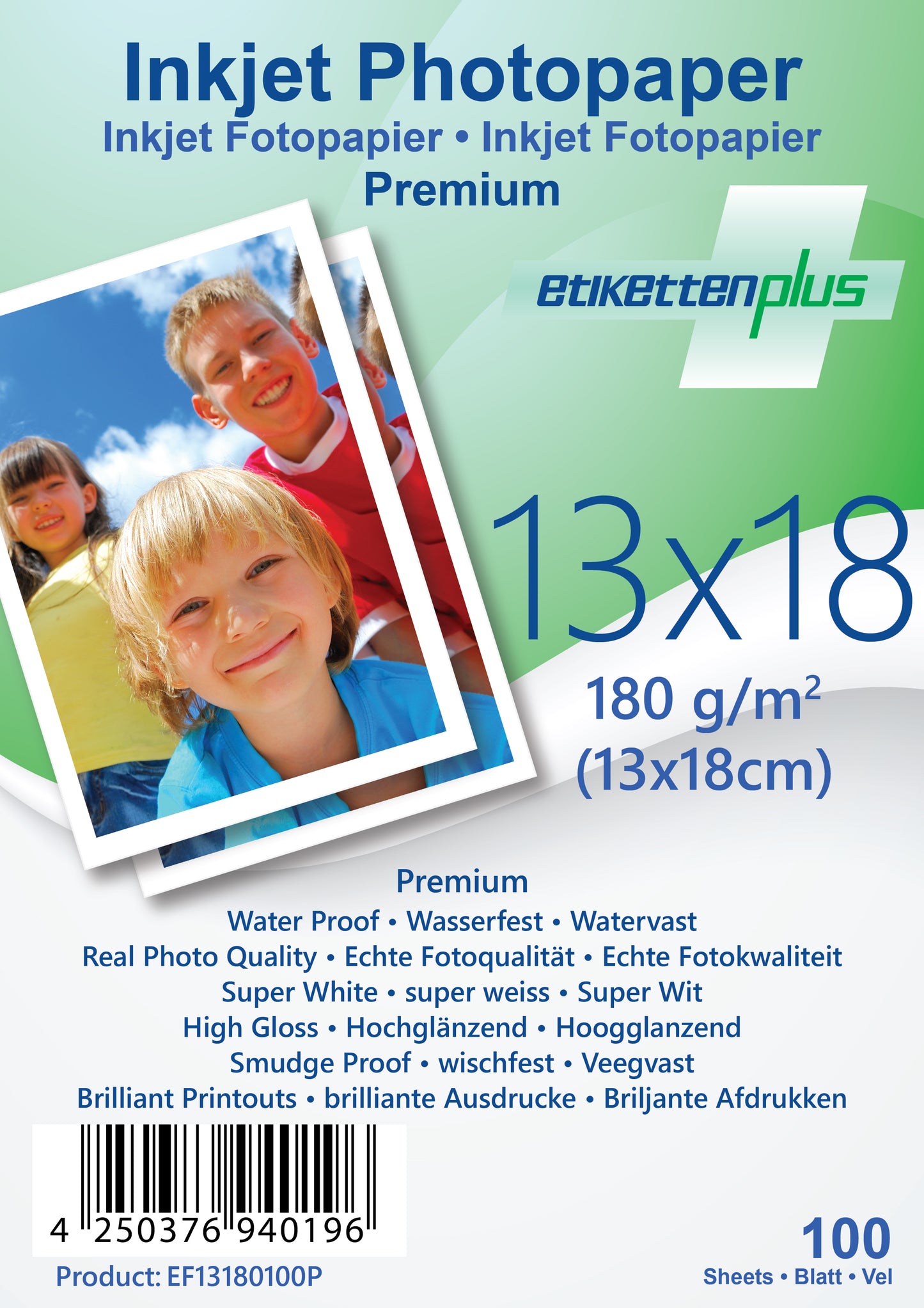 100 feuilles 13x18cm 180g/m² papier photo PREMIUM haute brillance + étanche de EtikettenPlus EF13180100P