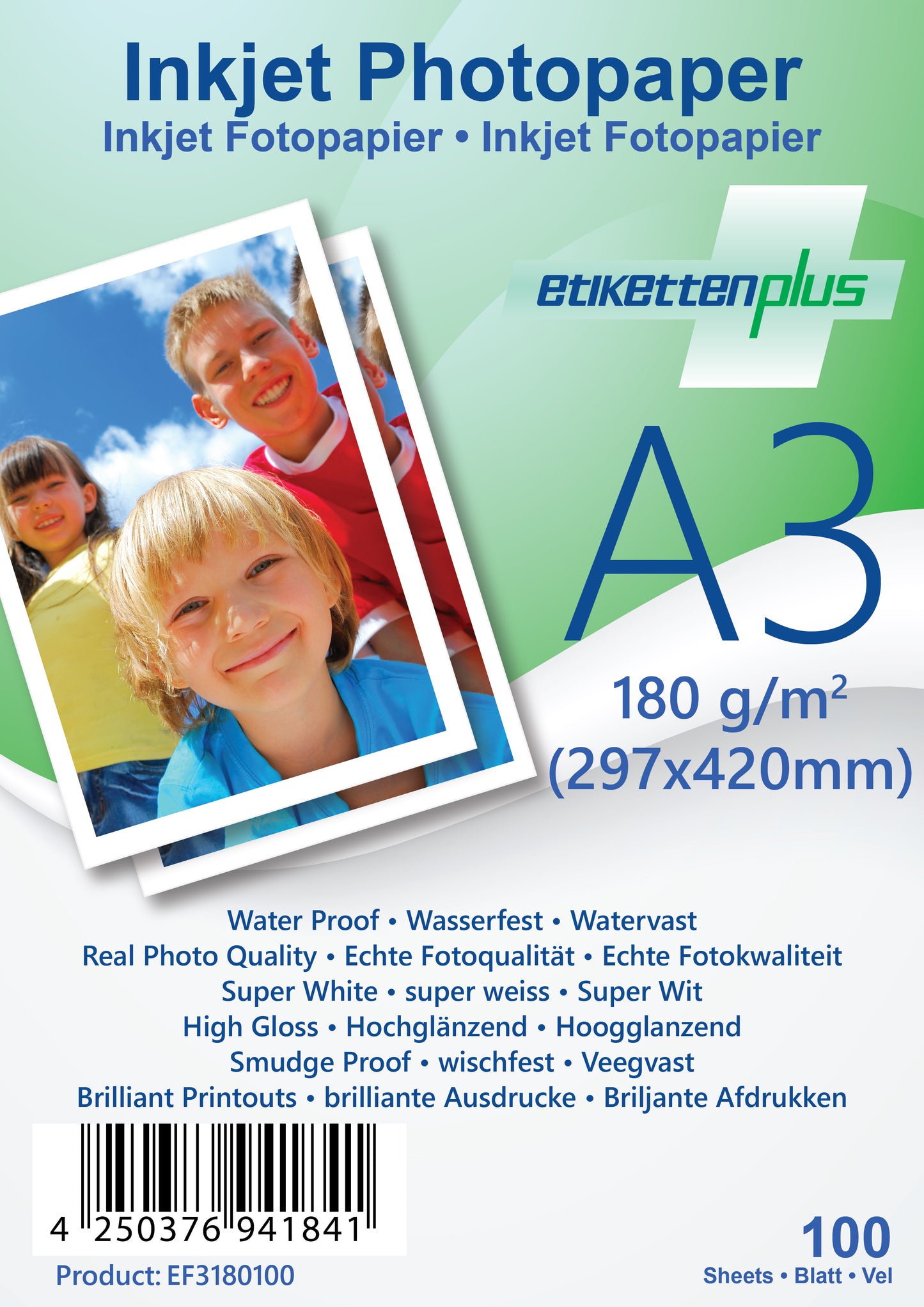 100 feuilles A3 297x420mm 180g/m² papier photo haute brillance + étanche de EtikettenPlus EF3180100