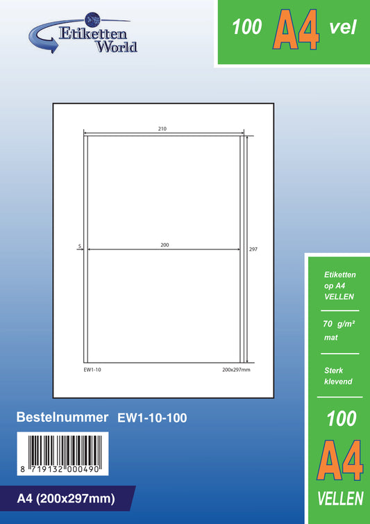 500 étiquettes universelles 200x297mm, sur 500 feuilles Din A4, mat, autocollant, 70g EW1-10 d'Etikettenworld EW1-10