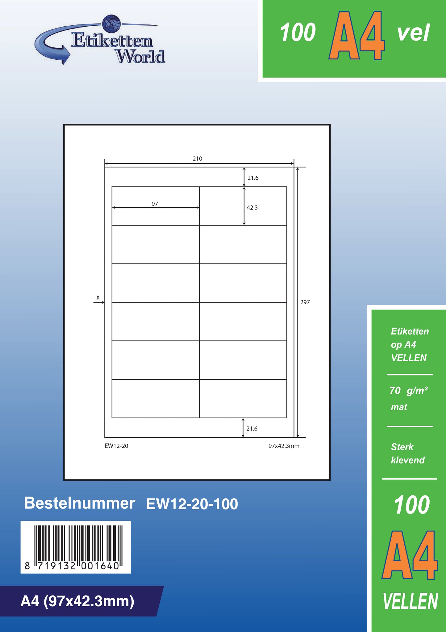 6000 étiquettes universelles 97x42,3mm, sur 500 feuilles Din A4, mat, autocollant, 70g EW12-20 d'Etikettenworld EW12-20